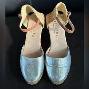 Metallic Silver Espadrille Wedges with Tan Ankle Strap